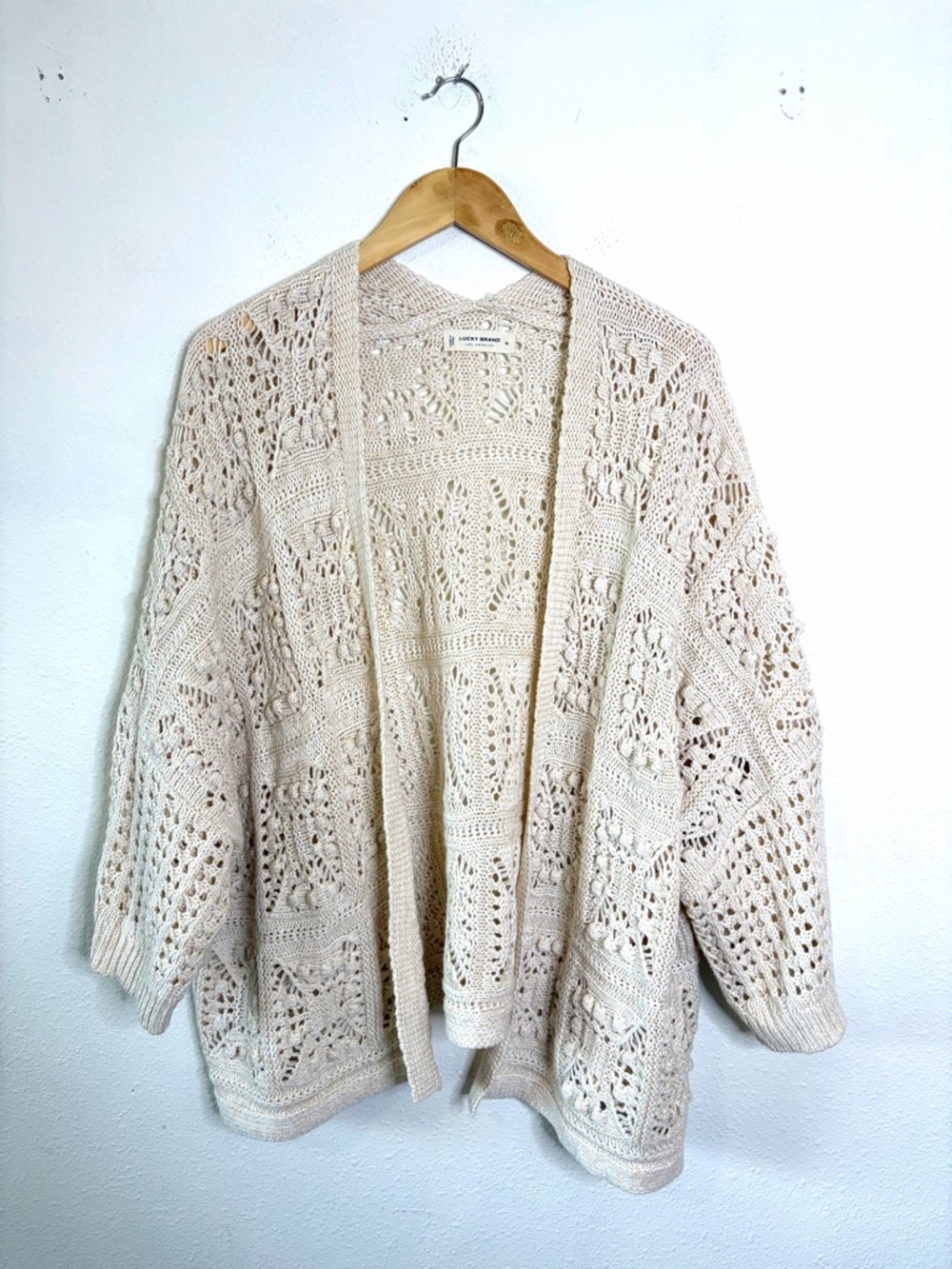Lucky Brand Crochet Open-Front Cardigan sweater Cream Sz XL boho festival - Picture 2 of 8